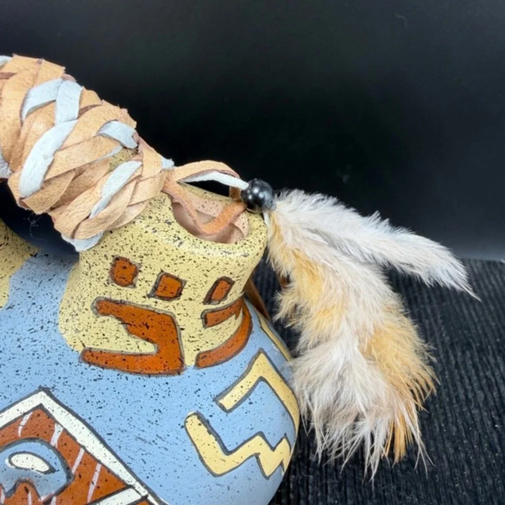 Southwestern Wedding Vase Hand Painted Buffalo Sun Pottery Feather Leather 4inch